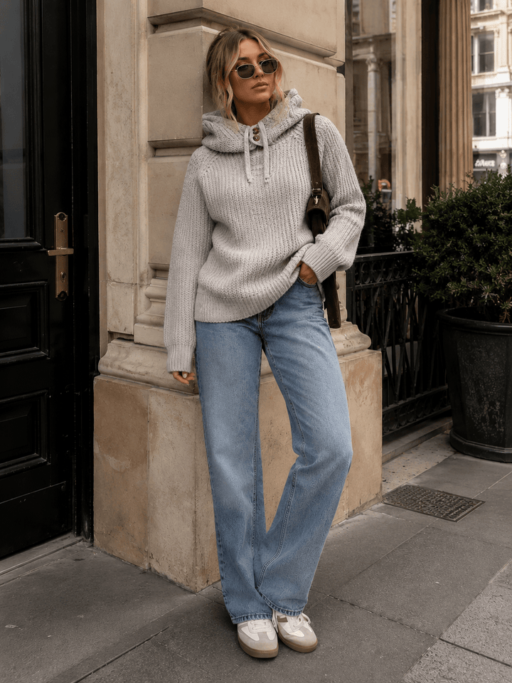 WOMEN'S LONG SLEEVE HOODED KNIT PULLOVER SWEATER