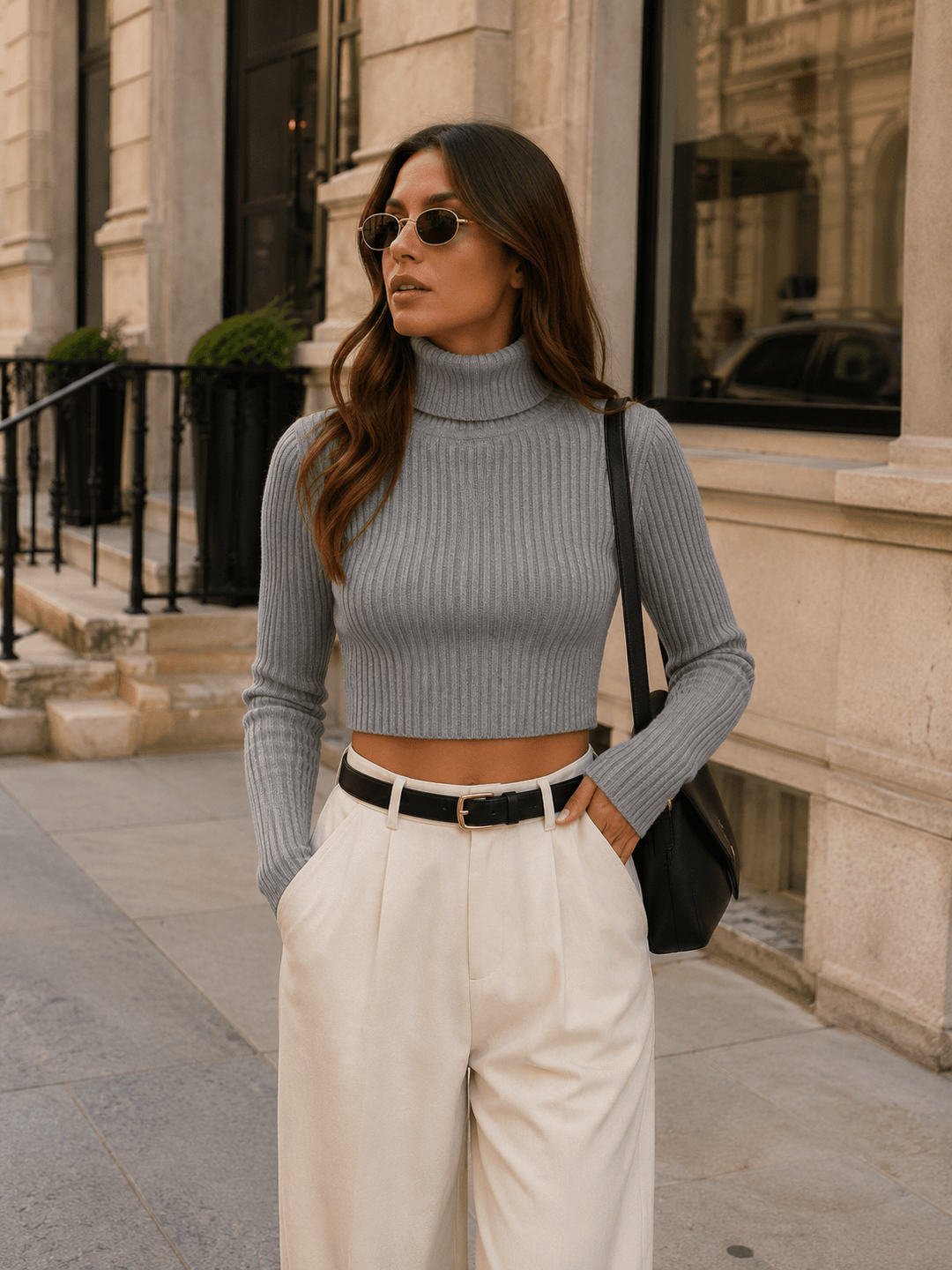 WOMEN'S LONG SLEEVE TURTLE NECK RIBBED CROP TOP