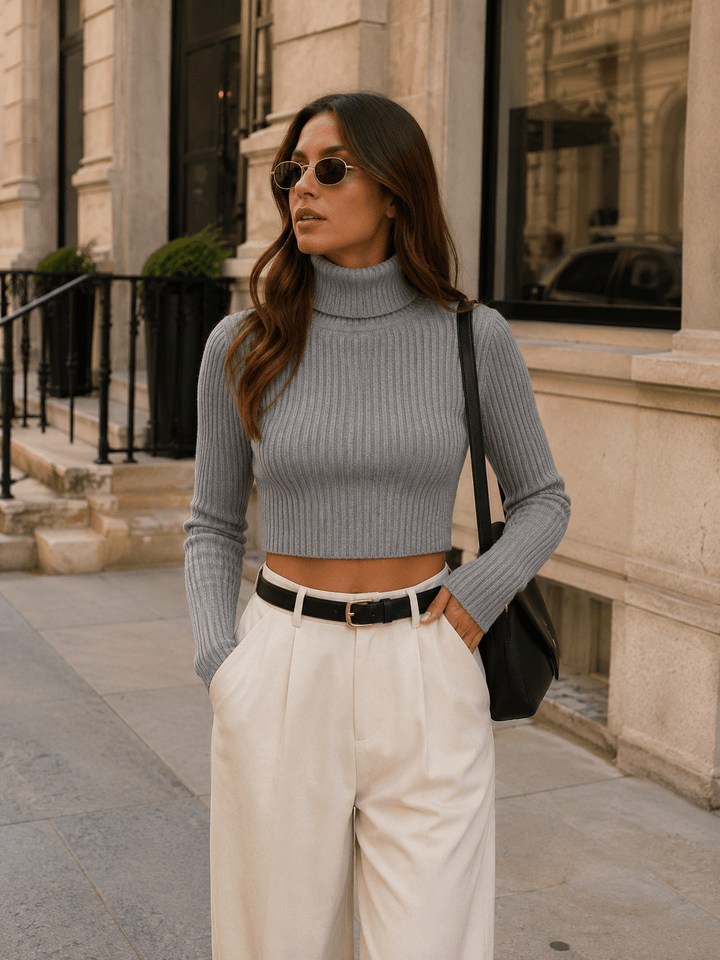 WOMEN'S LONG SLEEVE TURTLE NECK RIBBED CROP TOP