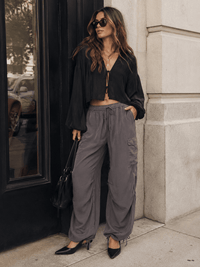WOMEN'S ELASTIC WAIST SELF TIE CARGO POCKETS ADJUSTABLE LEG PANTS