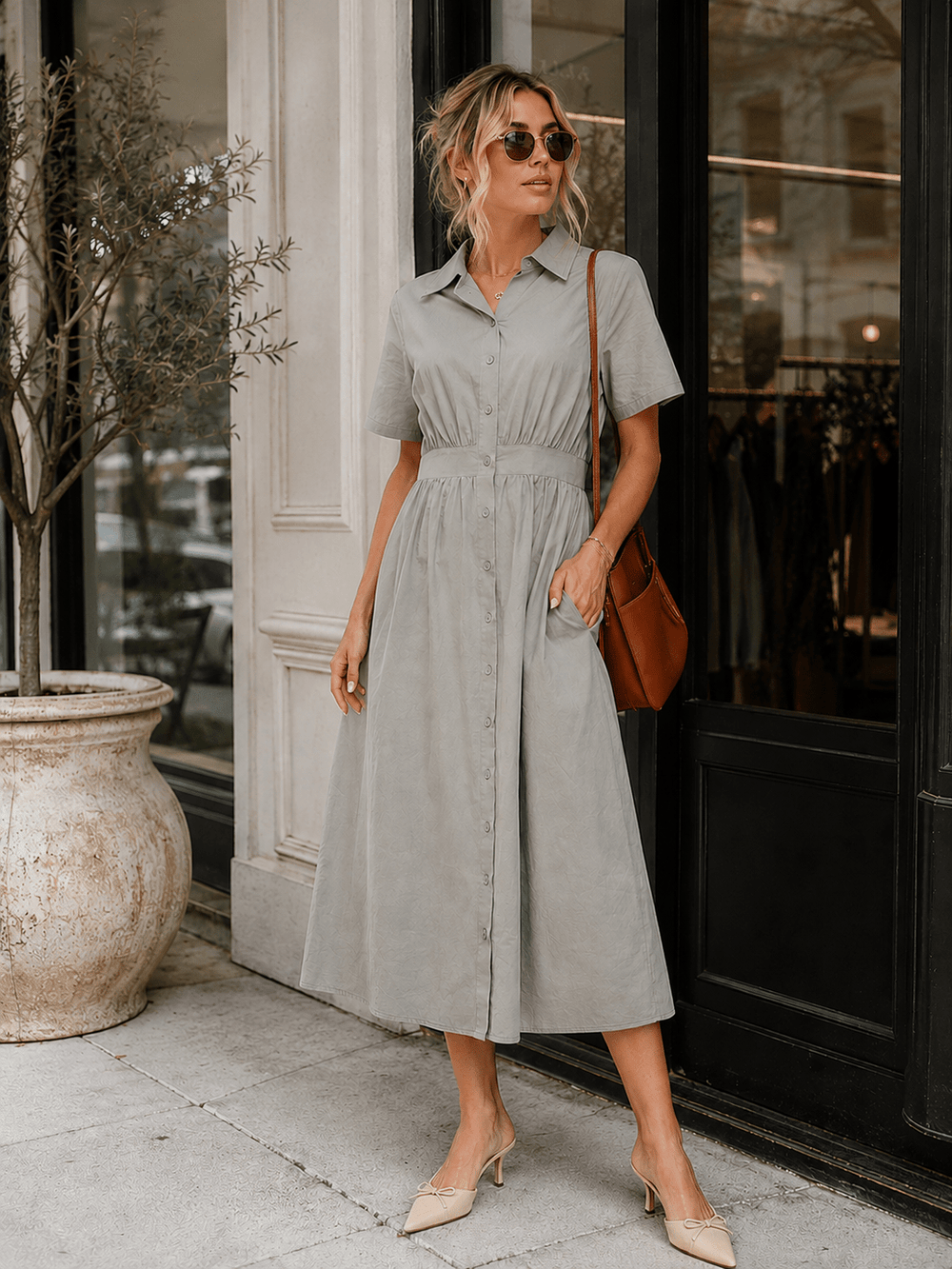 WOMEN'S SHORT SLEEVE BUTTON UP FRONT POCKETS MIDI DRESS