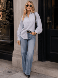 WOMEN'S LONG BALLON SLEEVE BUTTON UP HIGH-LOW STRIPES SHIRT
