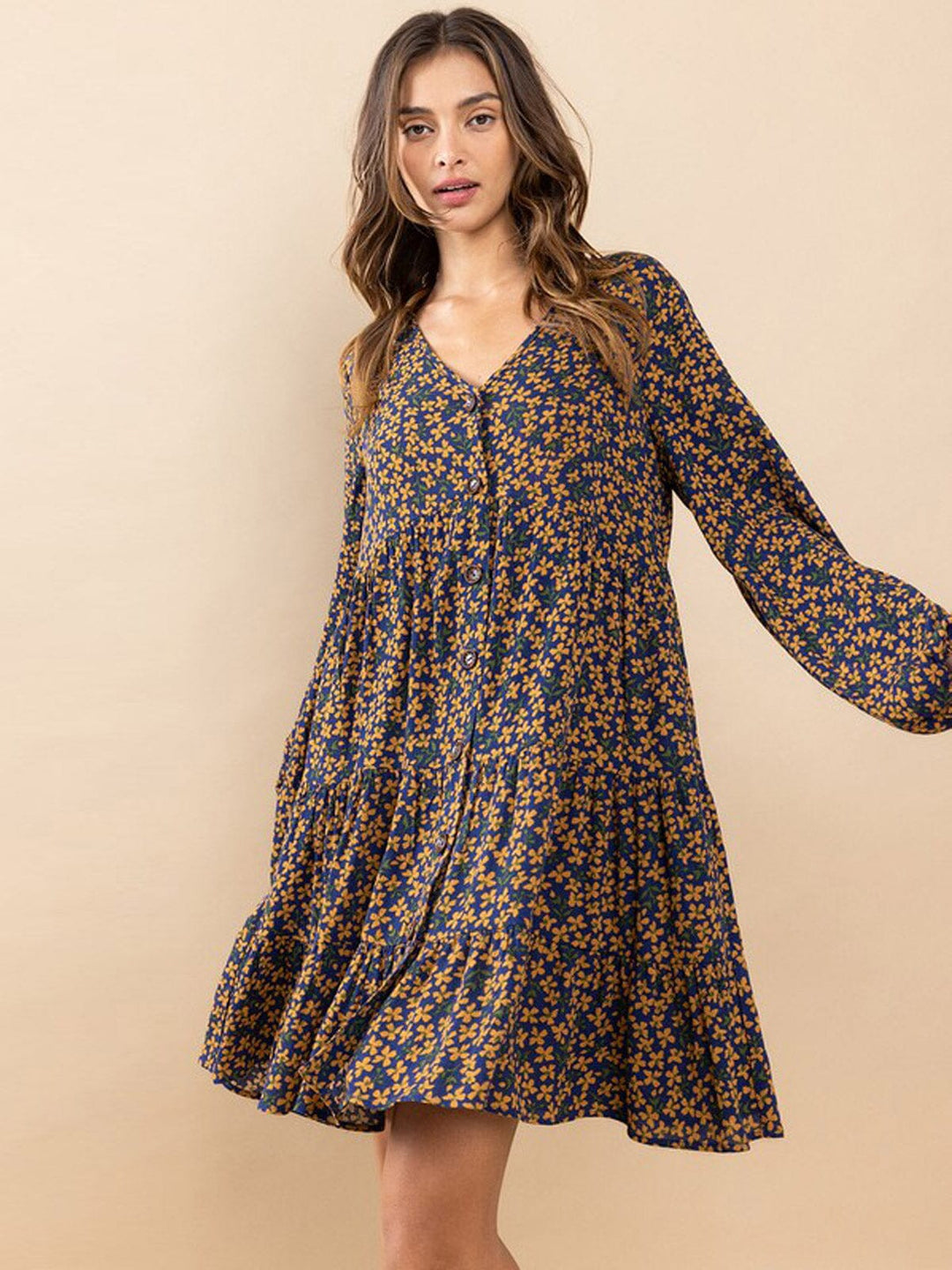 WOMEN'S LONG SLEEVE V-NECK BUTTON UP TIERED TUNIC FLORAL PRINT MINI DRESS