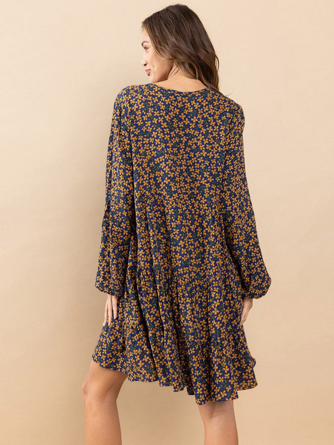 WOMEN'S LONG SLEEVE V-NECK BUTTON UP TIERED TUNIC FLORAL PRINT MINI DRESS