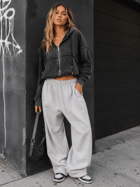 WOMEN'S LONG SLEEVE ZIP UP FRONT POCKETS HOODED WASHED JACKET