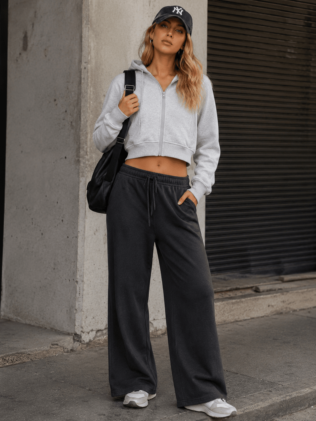WOMEN'S LONG SLEEVE ZIP UP FRONT POCKETS HOODED CROP SWEATER