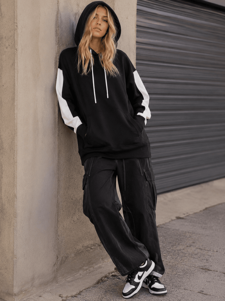WOMEN'S LONG SLEEVE FRONT POCKETS COLORBLOCK HOODED PULLOVER SWEATER