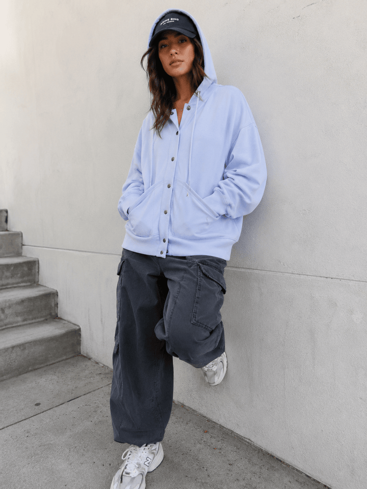 WOMEN'S LONG SLEEVE BUTTON UP FRONT POCKETS HOODED SWEATER