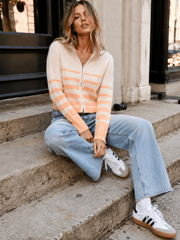 WOMEN'S LONG SLEEVE ZIP UP COLORBLOCK STRIPES SWEATER