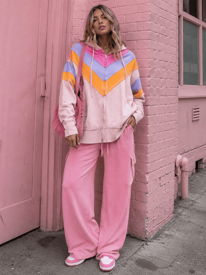 WOMEN'S LONG SLEEVE ZIP UP FRONT POCKETS HOODED MULTI SWEATER