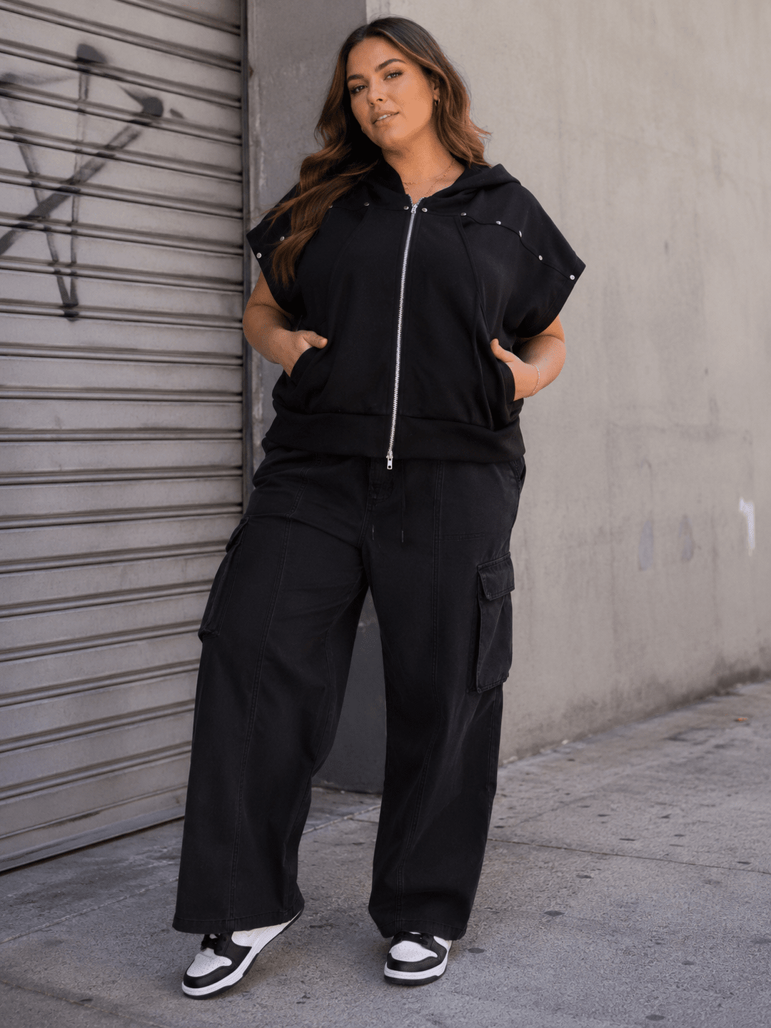PLUS SIZE SHORT SLEEVE ZIP UP FRONT POCKETS HOODED TOP