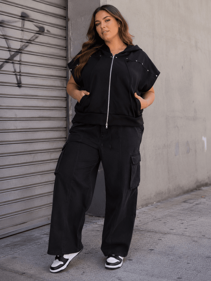 PLUS SIZE SHORT SLEEVE ZIP UP FRONT POCKETS HOODED TOP