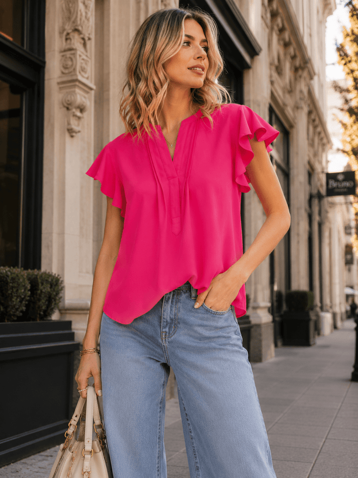 WOMEN'S SHORT RUFFLE SLEEVE V-NECK DETAILED BLOUSE
