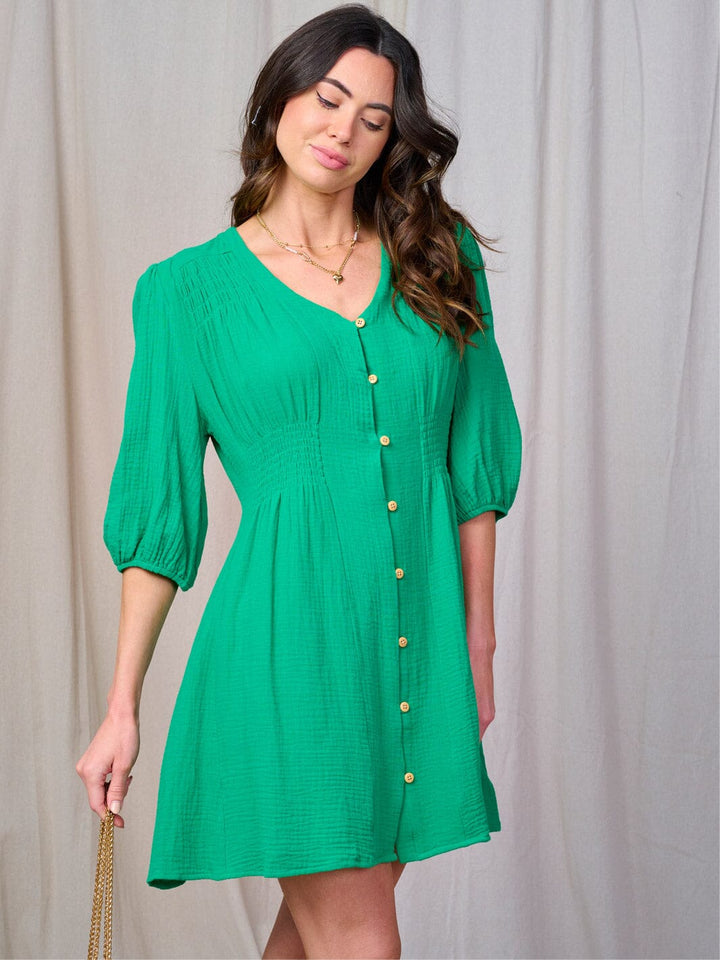 WOMEN'S SHORT SLEEVE V-NECK BUTTON UP MINI DRESS