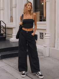 WOMEN'S SLEEVELESS CROP TOP & BUTTON CLOSURE CARGO PANTS SOLID 2PC. SET