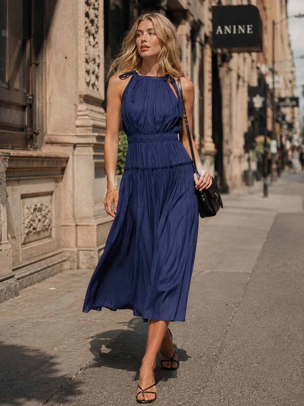 WOMEN'S SLEEVELESS HALTER NECK ELASTIC WAIST TIERED MAXI DRESS