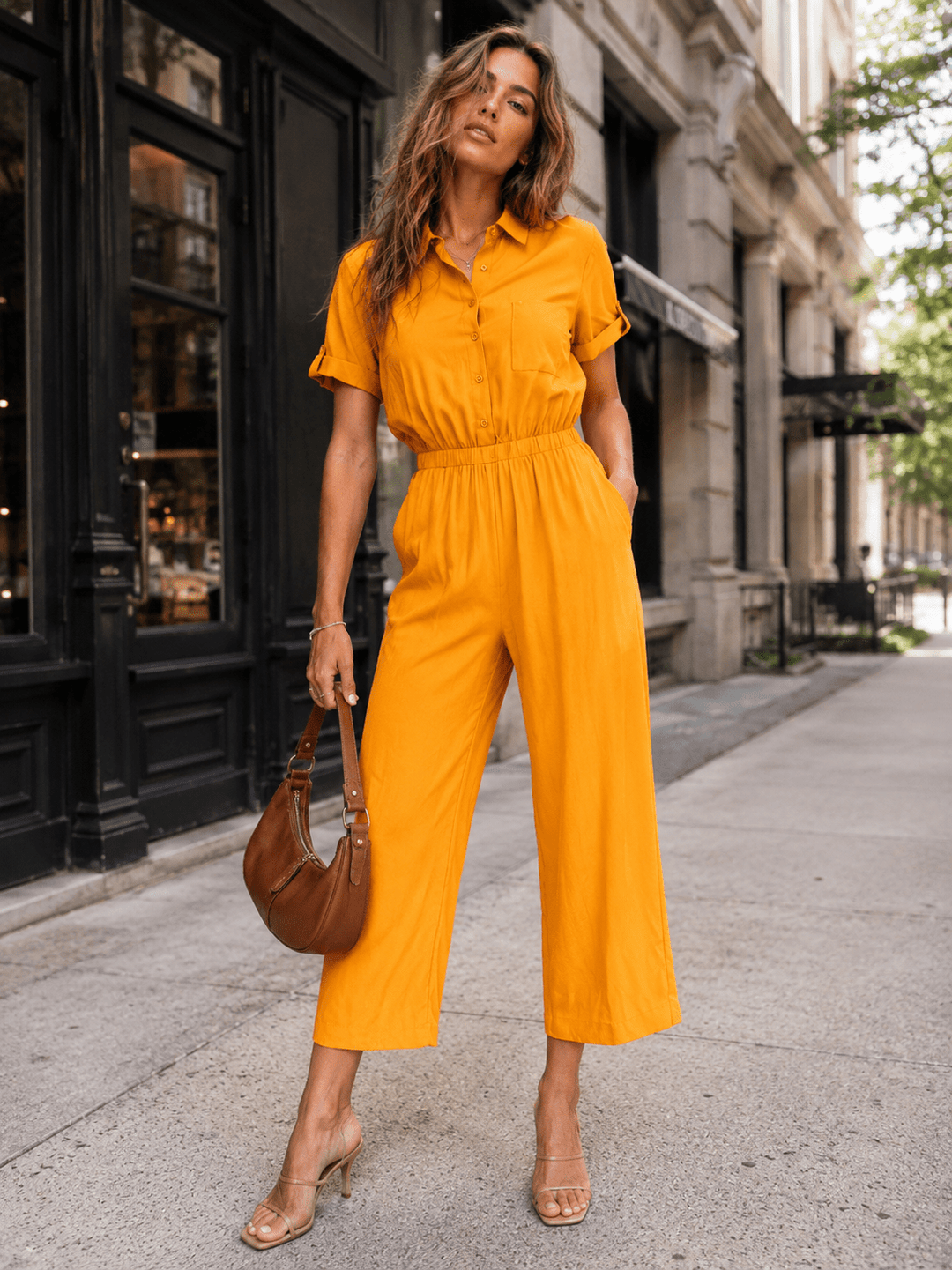 WOMEN'S SHORT SLEEVE BUTTON UP POCKETS WIDE LEG JUMPSUIT