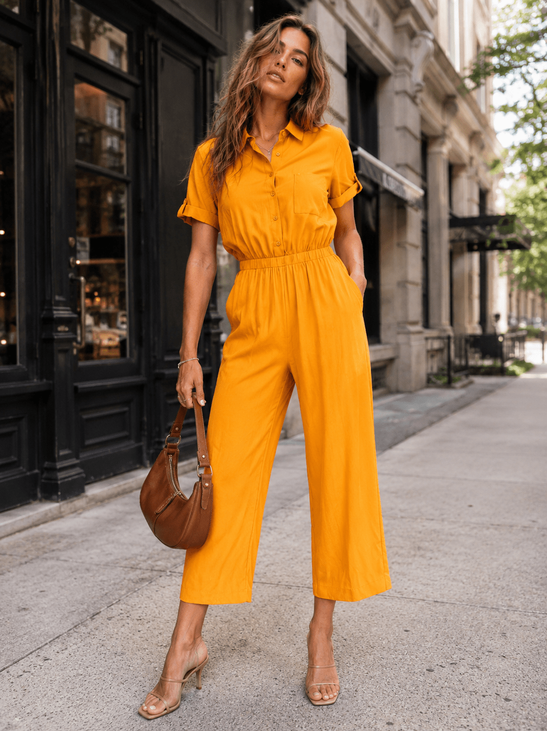 WOMEN'S SHORT SLEEVE BUTTON UP POCKETS WIDE LEG JUMPSUIT