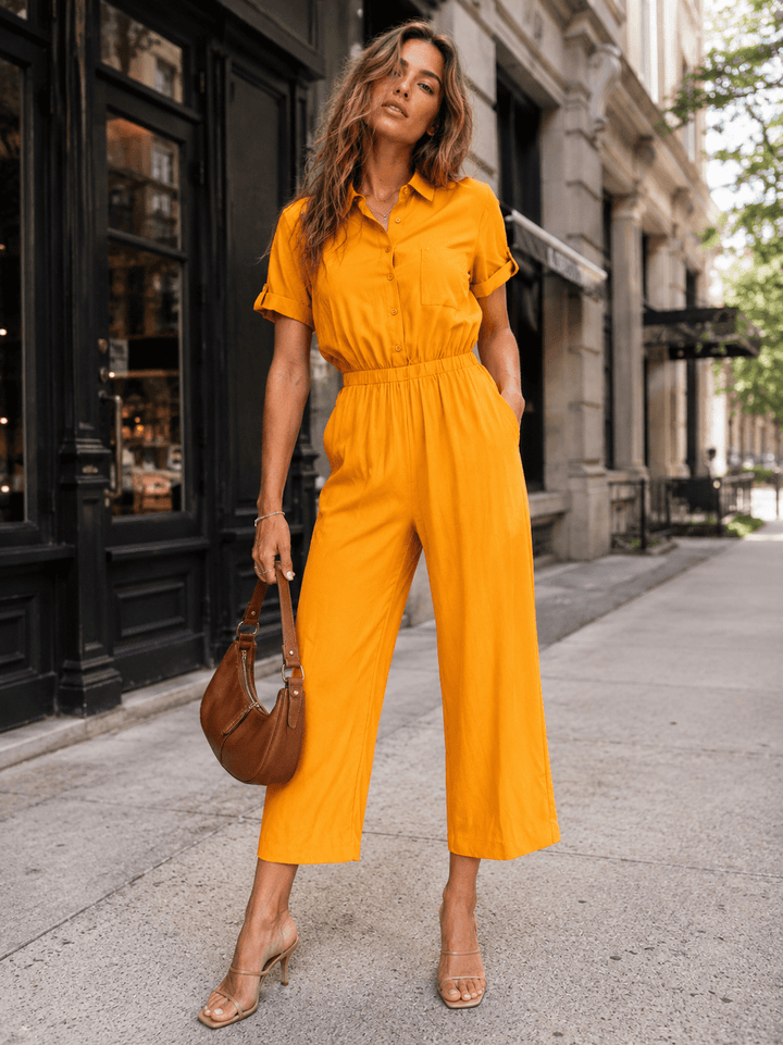 WOMEN'S SHORT SLEEVE BUTTON UP POCKETS WIDE LEG JUMPSUIT