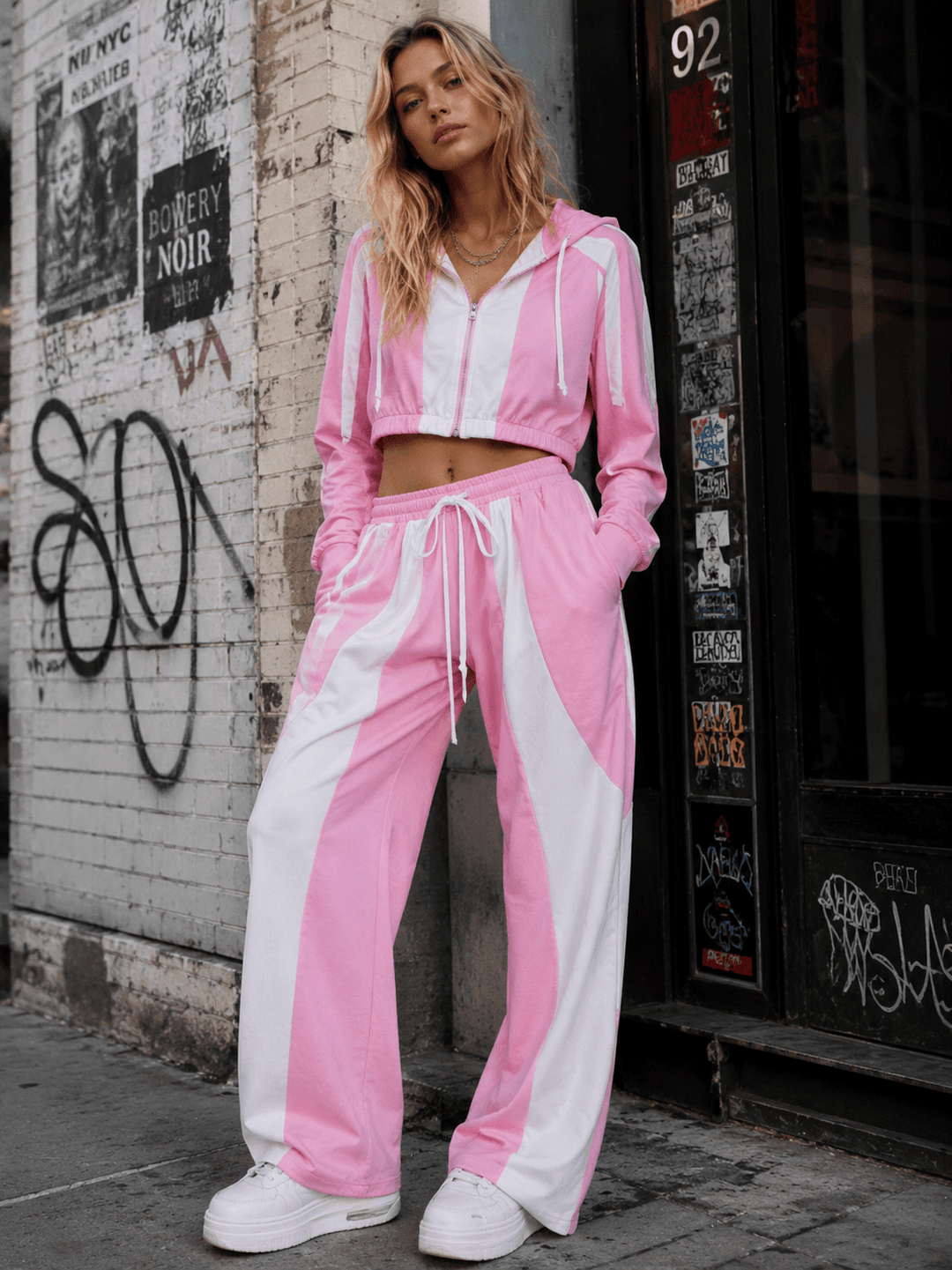 WOMEN'S LONG SLEEVE CROP JACKET & ELASTIC WAIST PANTS COLORBLOCK 2PC. SET