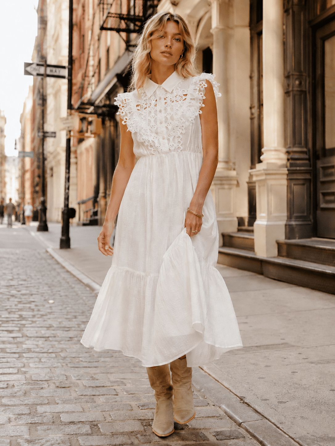 WOMEN'S SLEEVELESS BUTTON UP ELASTIC WAIST TIERED CROCHET MAXI DRESS