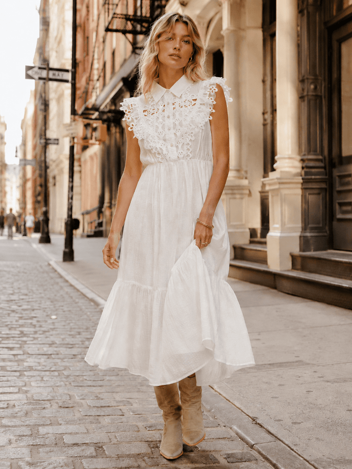 WOMEN'S SLEEVELESS BUTTON UP ELASTIC WAIST TIERED CROCHET MAXI DRESS