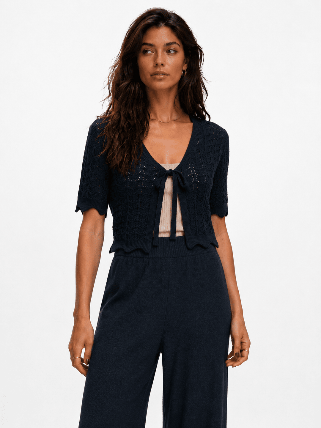 WOMEN'S SHORT SLEEVE FRONT TIE CROCHET RIBBED TOP