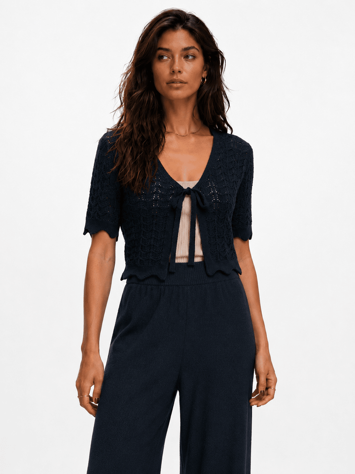 WOMEN'S SHORT SLEEVE FRONT TIE CROCHET RIBBED TOP