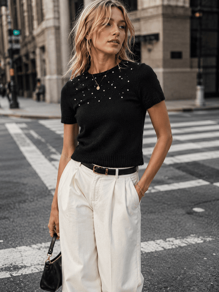 WOMEN'S SHORT SLEEVE STUDS DETAILED TOP