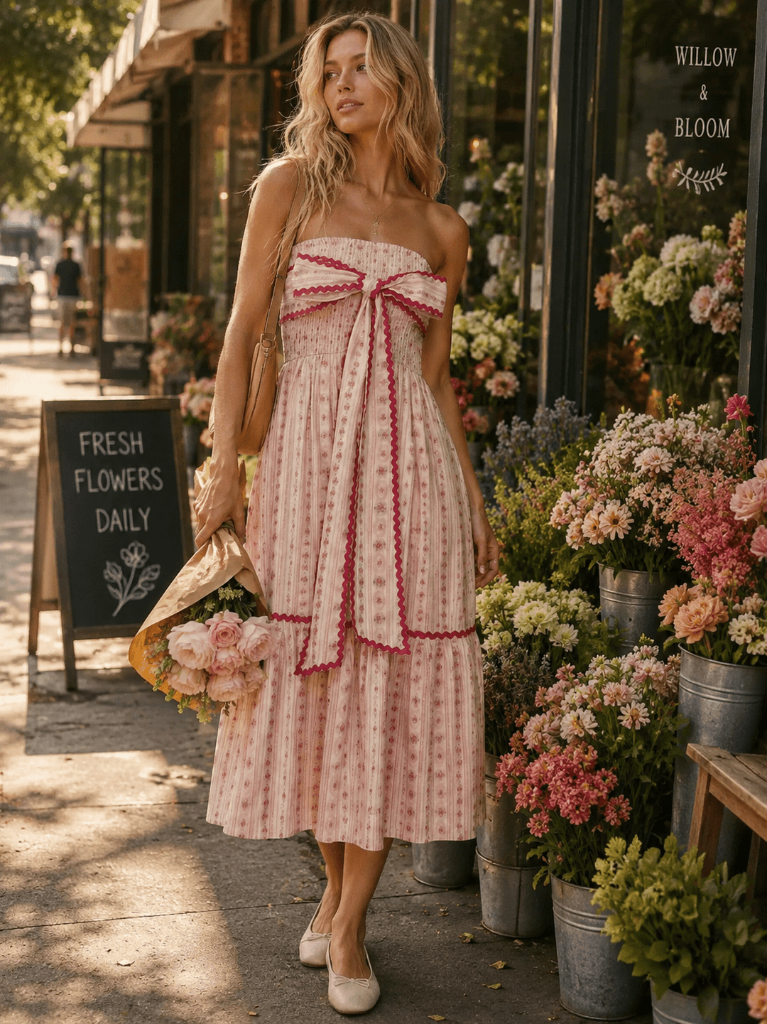 WOMEN'S SLEEVELESS SMOCK FRONT POCKETS FRONT BOW FLORAL MIDI DRESS