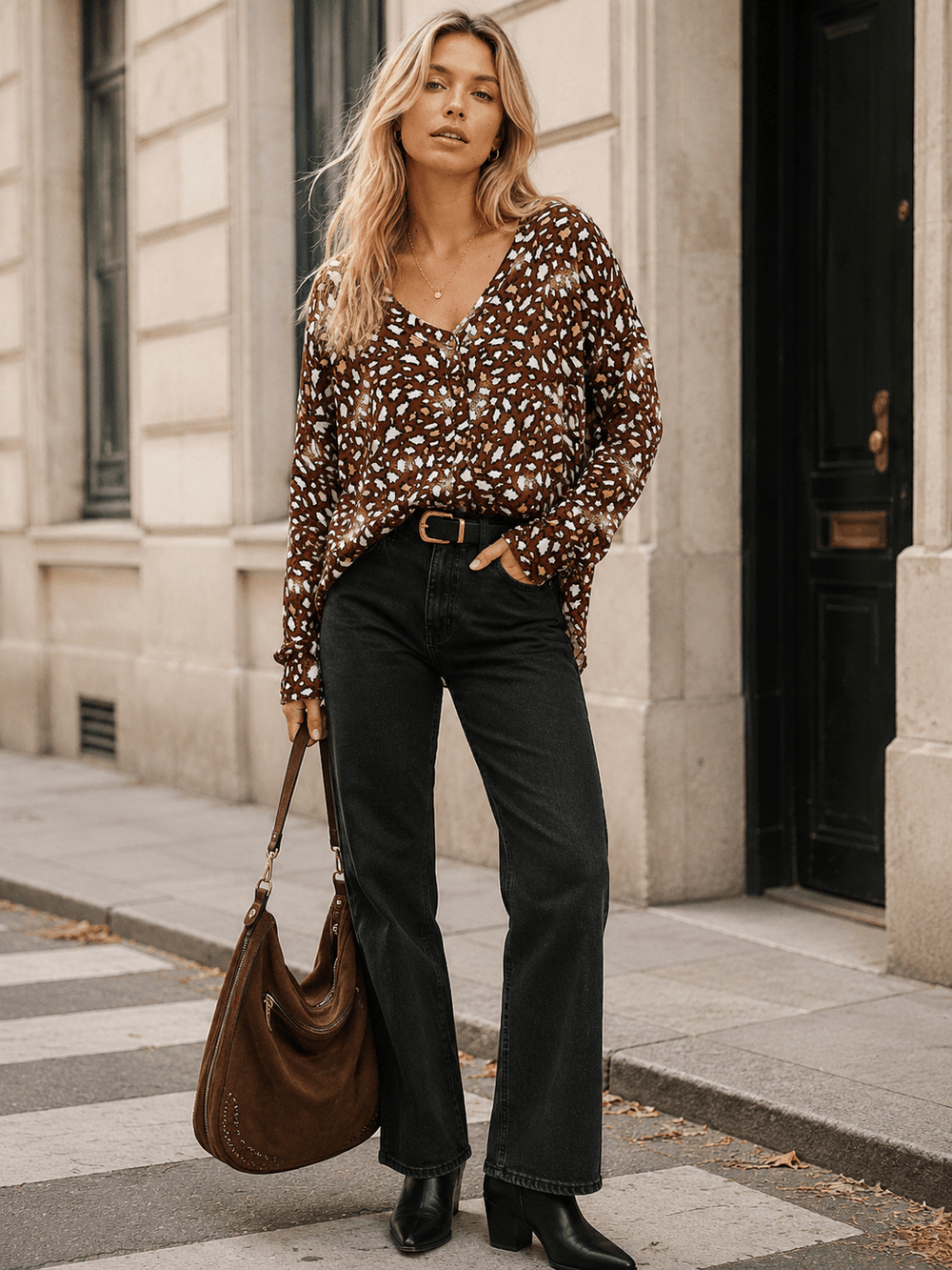 WOMEN'S LONG SLEEVE V-NECK BUTTON UP ANIMAL PRINT TUNIC TOP