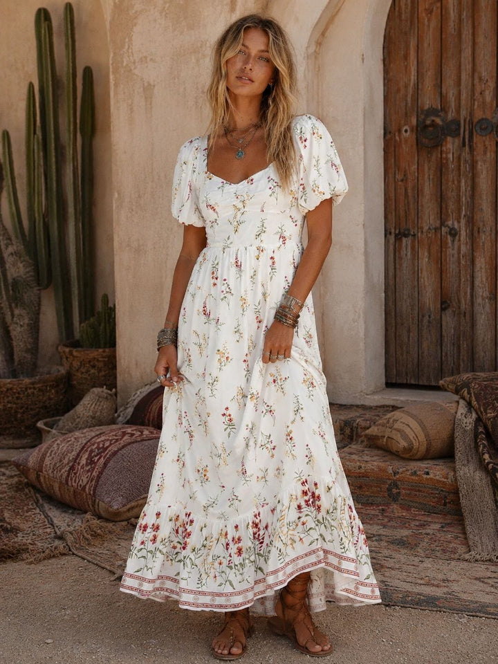 WOMEN'S SHORT SLEEVE SMOCK FLORAL MAXI DRESS