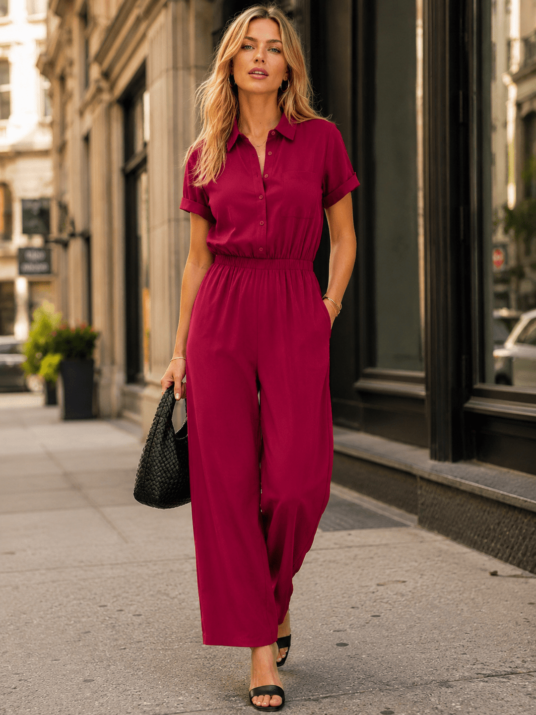 WOMEN'S SHORT SLEEVE BUTTON UP POCKETS WIDE LEG JUMPSUIT