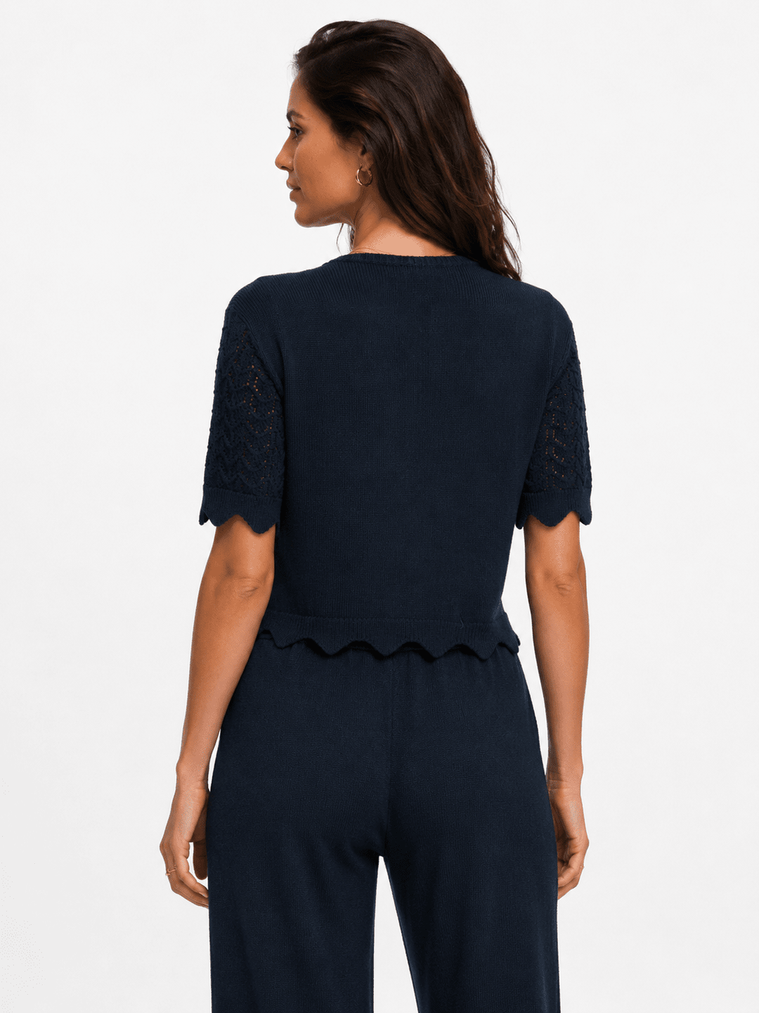 WOMEN'S SHORT SLEEVE FRONT TIE CROCHET RIBBED TOP