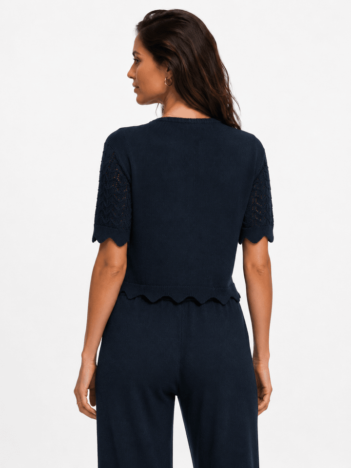 WOMEN'S SHORT SLEEVE FRONT TIE CROCHET RIBBED TOP
