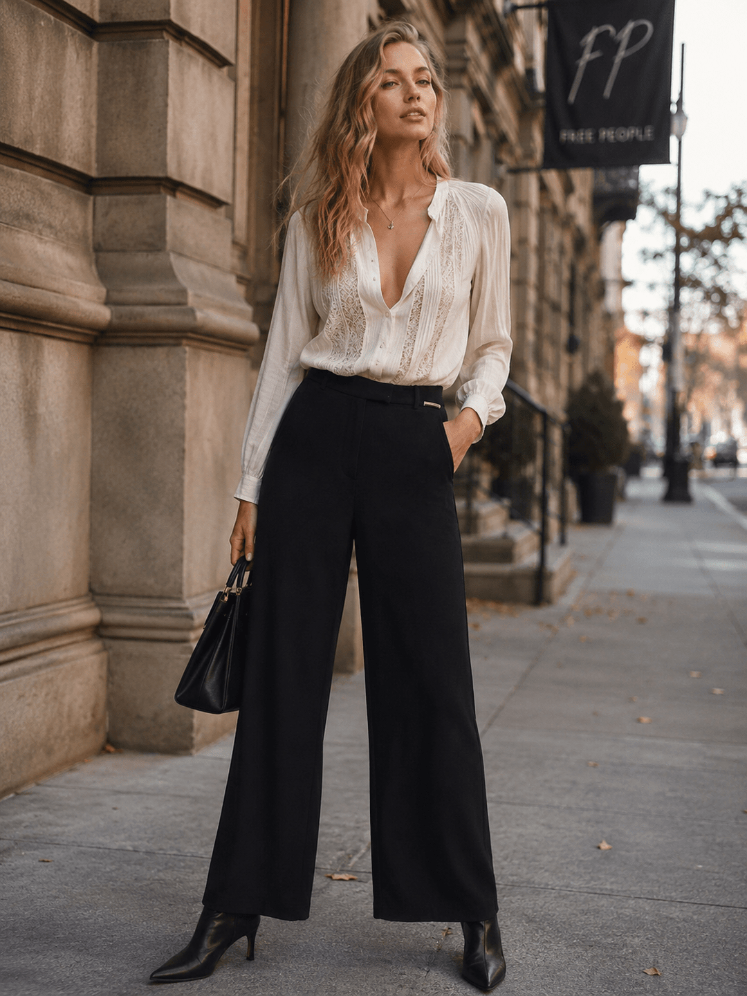 WOMEN'S BUTTON CLOSURE WIDE LEG PANTS