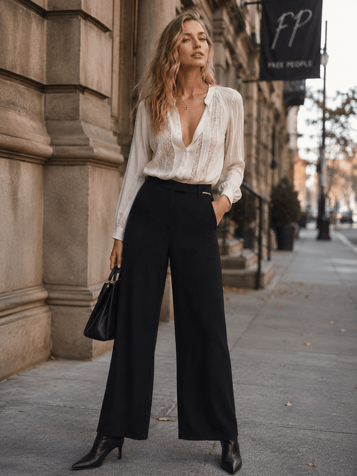 WOMEN'S BUTTON CLOSURE WIDE LEG PANTS