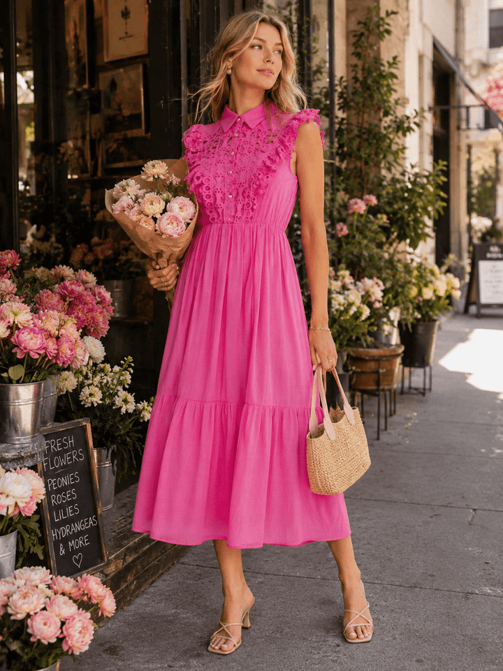 WOMEN'S SLEEVELESS BUTTON UP ELASTIC WAIST TIERED CROCHET MAXI DRESS