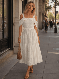 JUST ME WOMEN'S OFF SHOULDER FRONT POCKETS SELF TIE MAXI DRESS