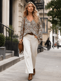 WOMEN'S LONG SLEEVE V-NECK BUTTON UP ANIMAL PRINT TUNIC TOP