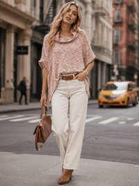 WOMEN'S SHORT SLEEVE TURTLE NECK HIGH-LOW TUNIC BLOUSE