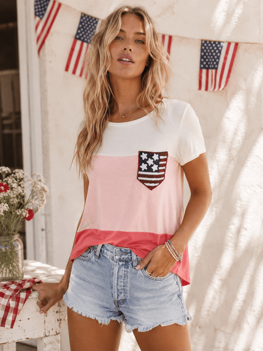 WOMEN'S SHORT SLEEVE COLORBLOCK FRONT POCKET FLAG PATCH TOP