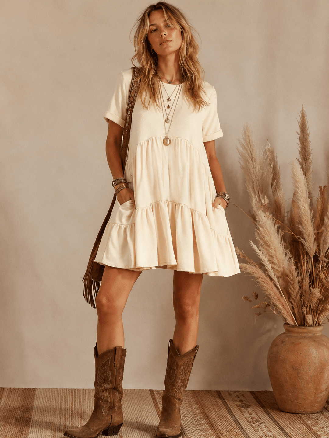 WOMEN'S SHORT SLEEVE FRONT POCKETS LOOSE FIT TIERED MINI DRESS