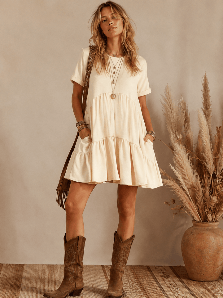 WOMEN'S SHORT SLEEVE FRONT POCKETS LOOSE FIT TIERED MINI DRESS
