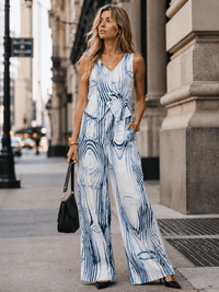 WOMEN'S SLEEVELESS BUTTON UP TOP & ELASTIC WAIST WIDE LEG PANTS MULTI PRINT 2PC. SET