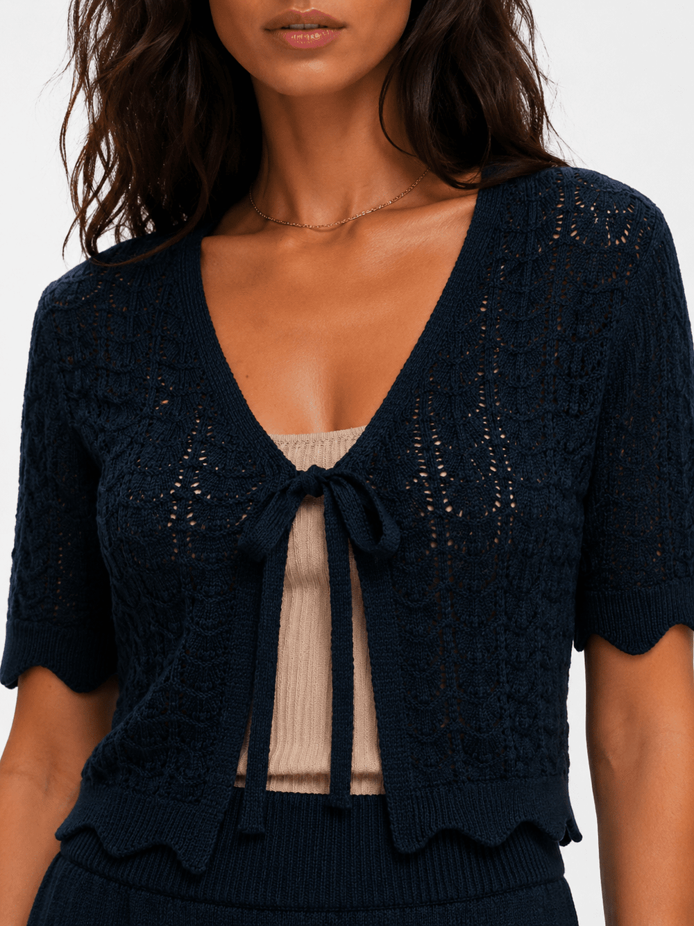 WOMEN'S SHORT SLEEVE FRONT TIE CROCHET RIBBED TOP