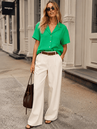 WOMEN'S SHORT SLEEVE BUTTON UP FRONT POCKET BLOUSE