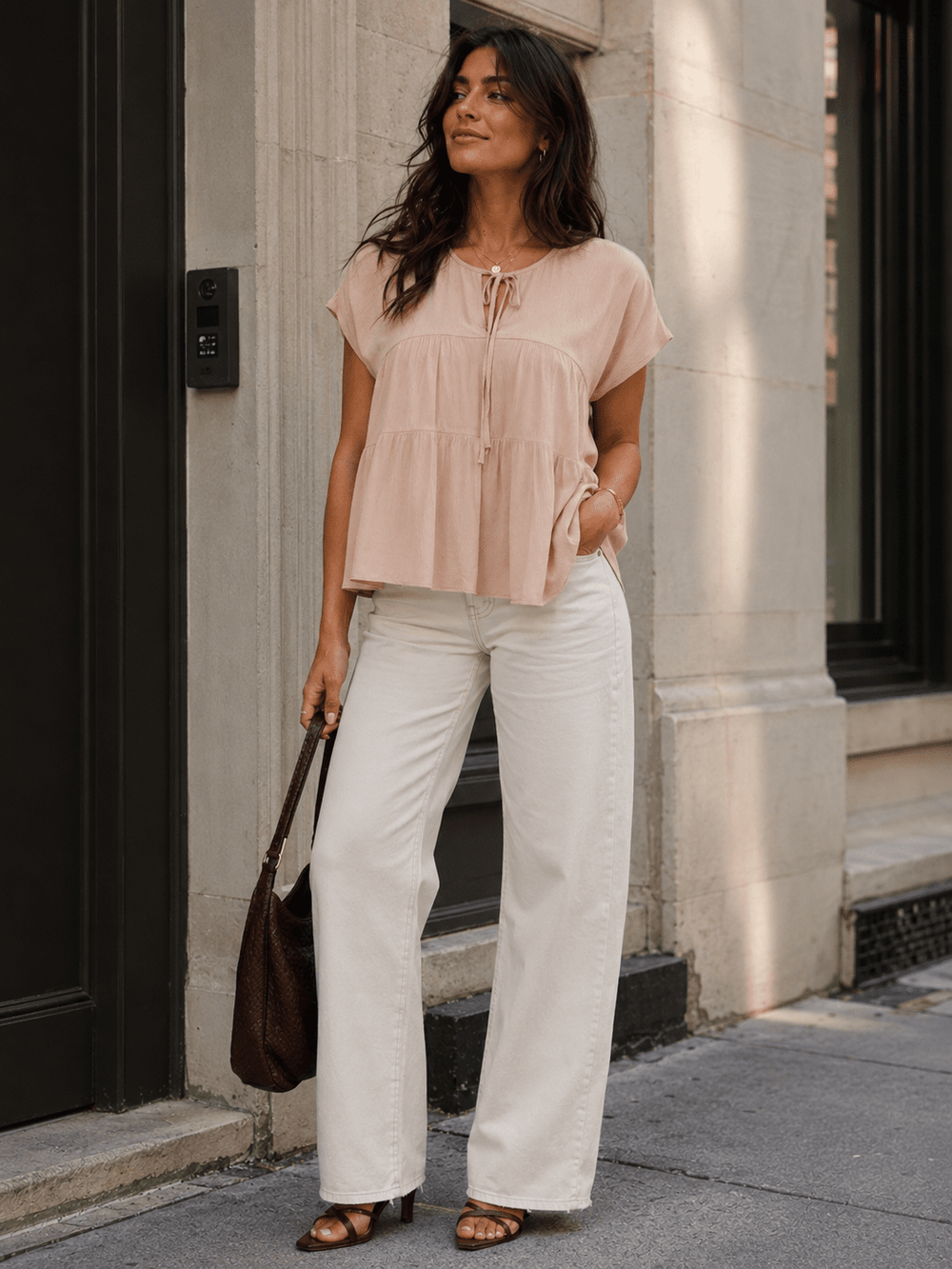WOMEN'S SHORT SLEEVE V-NECK TIERED LOOSE FIT BLOUSE