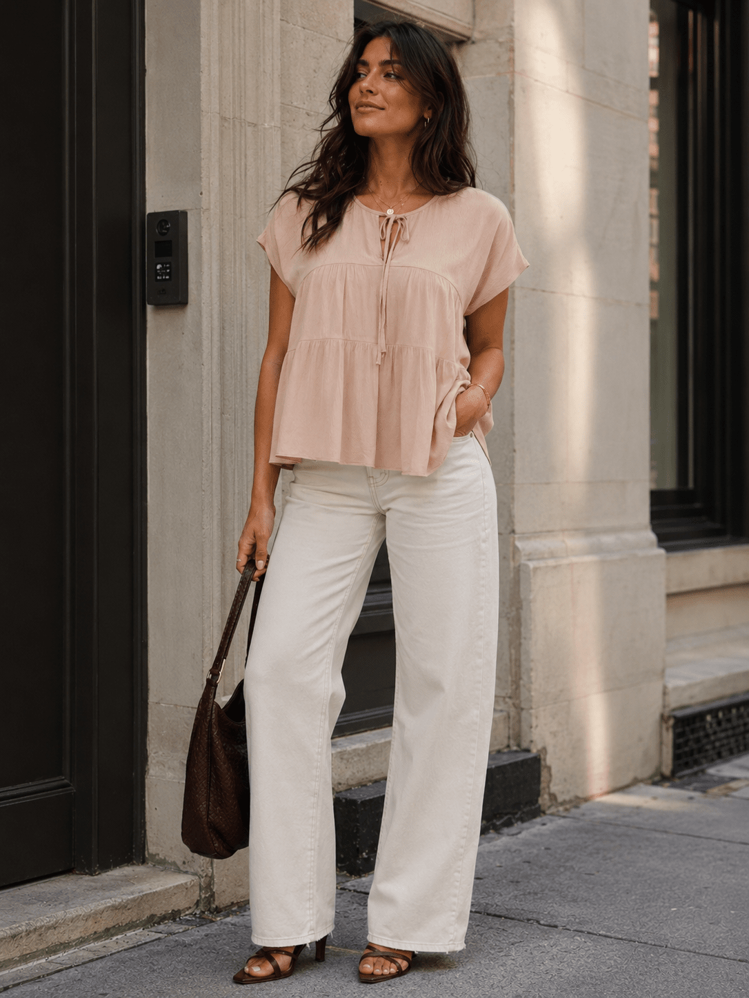 WOMEN'S SHORT SLEEVE V-NECK TIERED LOOSE FIT BLOUSE