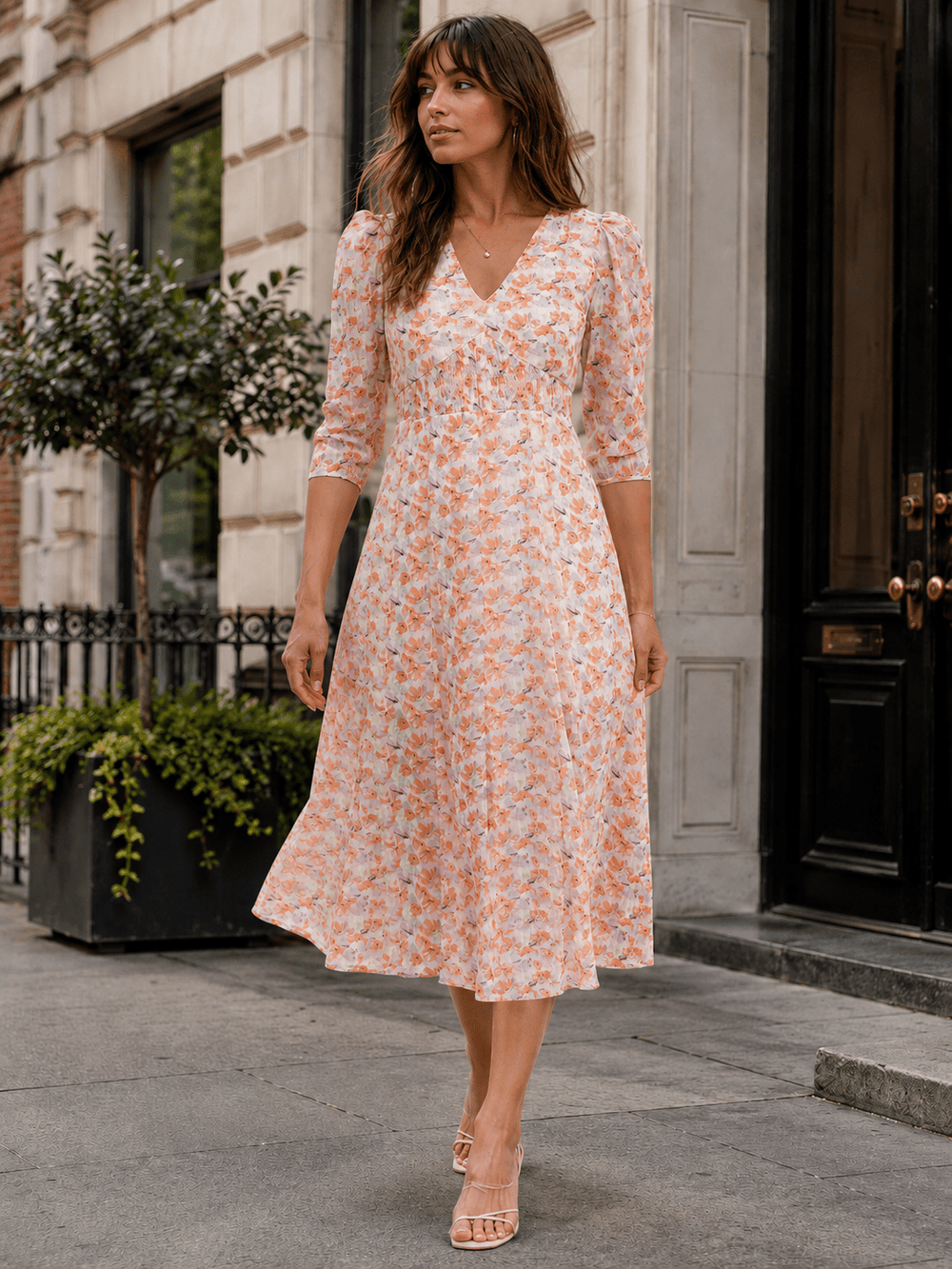 WOMEN'S 3/4 SLEEVELES V-NECK FLORAL MIDI DRESS